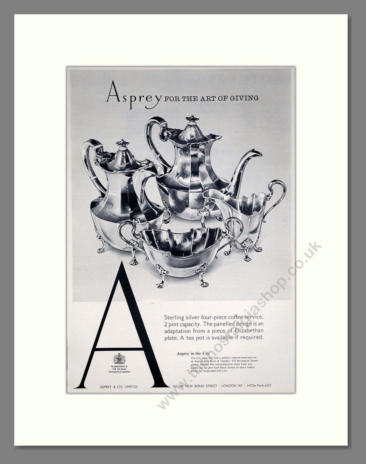 Asprey Sterling Silver Coffee Service. Original Advert 1963 (ref AD304105)