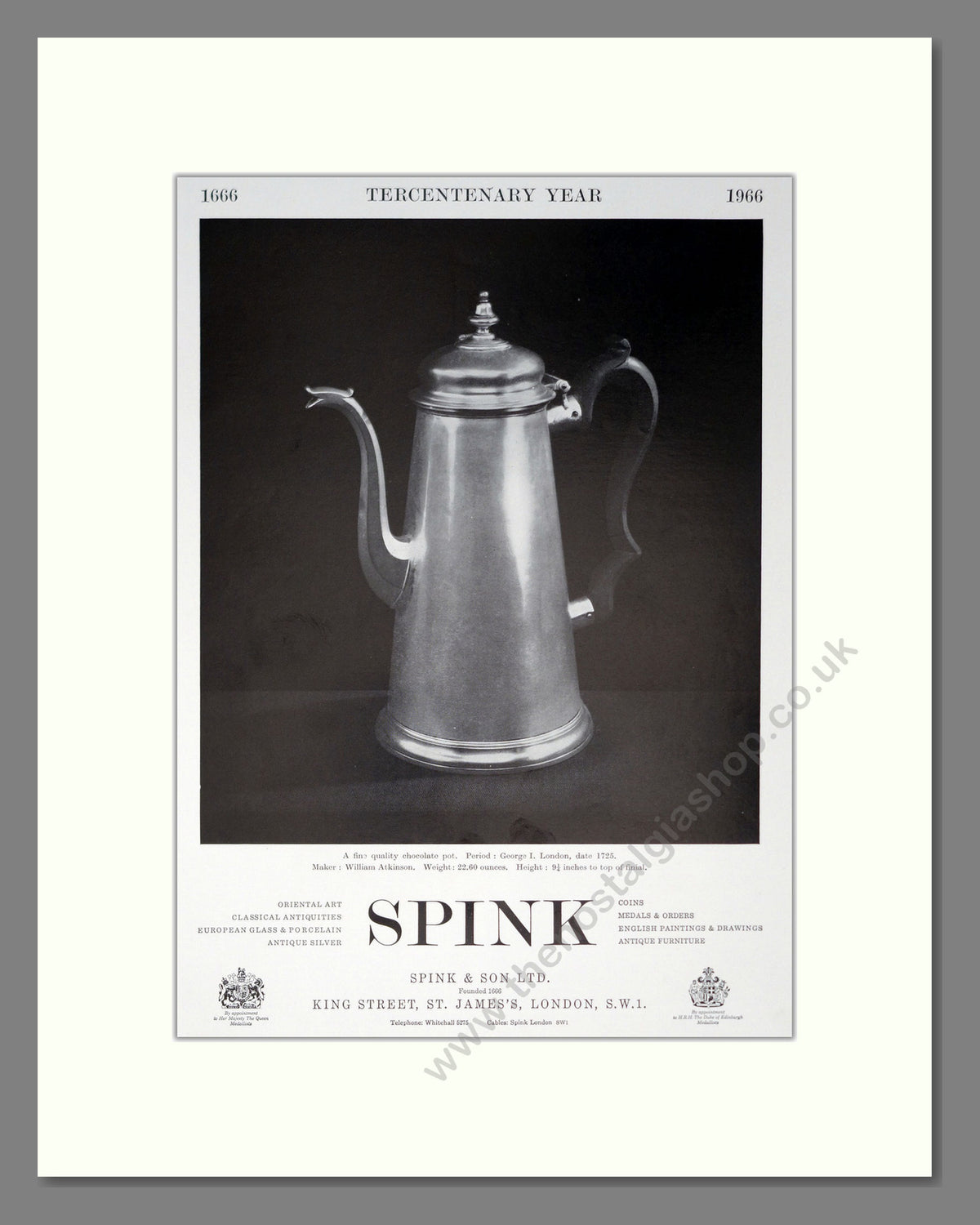 Spink Chocolate Pot by William Atkinson. Original Advert 1966 (ref AD304115)