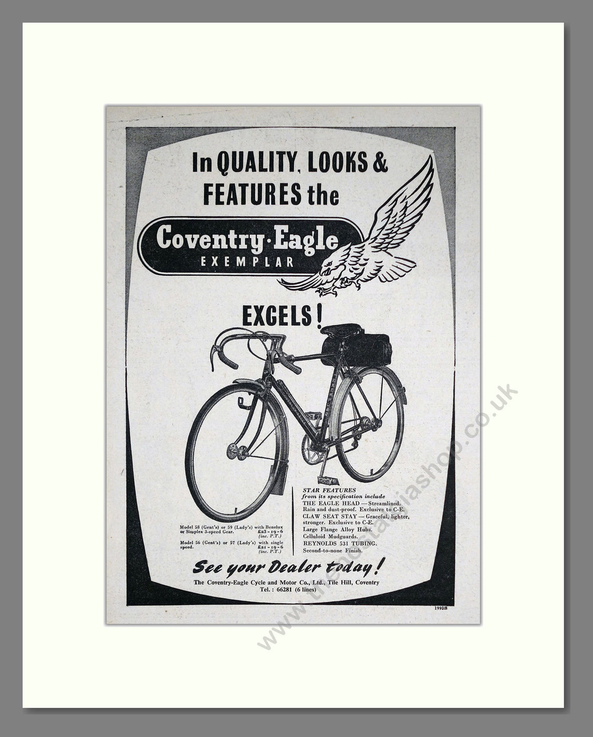 Coventry Eagle Exemplar Bicycle. Original Advert 1952 (ref AD68852)