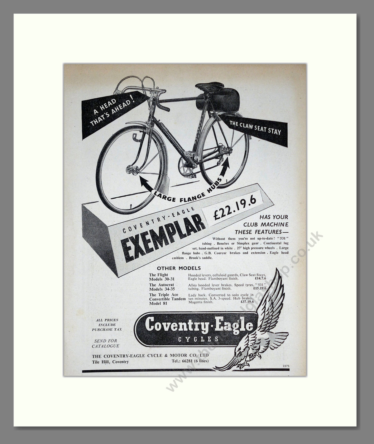 Coventry Eagle Exemplar Bicycle. Original Advert 1953 (ref AD68853)