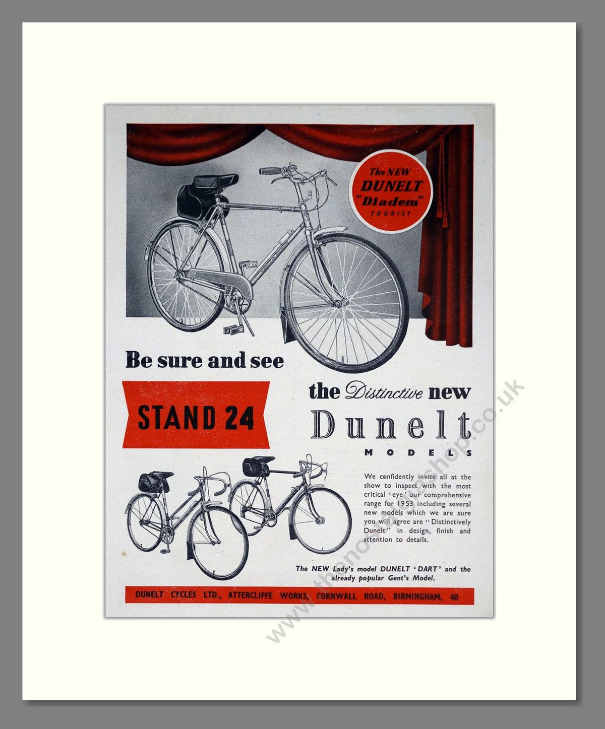 Dunelt Diadem Cycle. Original Advert 1952 (ref AD68856)