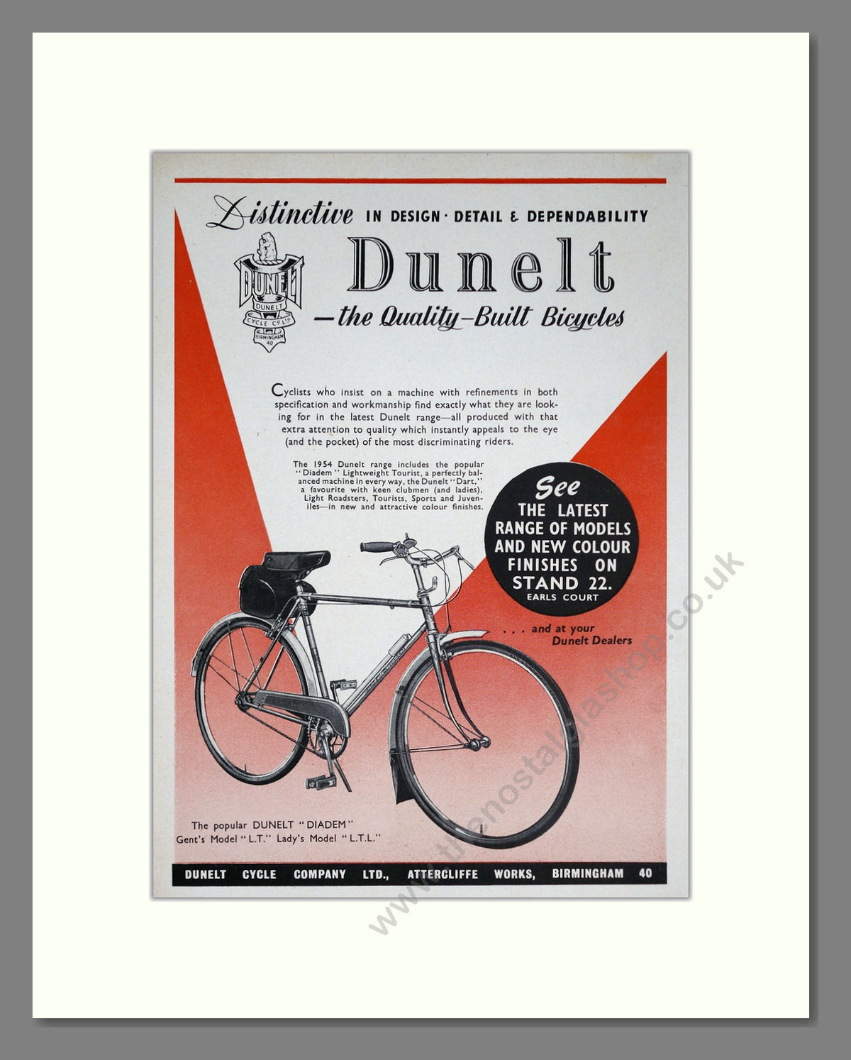 Dunelt Diadem Cycle. Original Advert 1953 (ref AD68859)