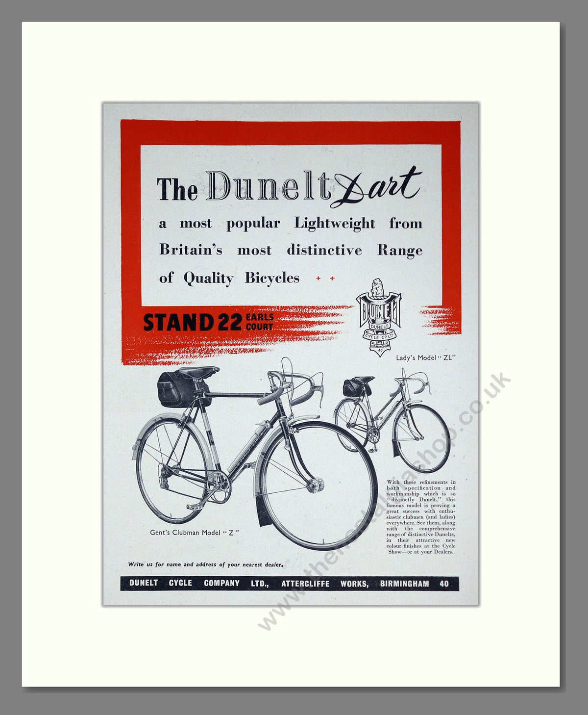 Dunelt Dart Cycle. Original Advert 1953 (ref AD68860)