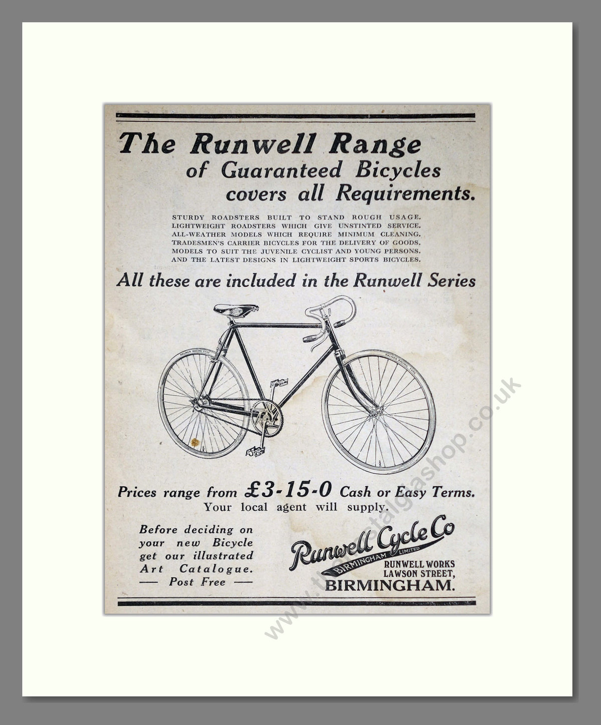 Runwell Cycles. Original Advert 1927 (ref AD68882)