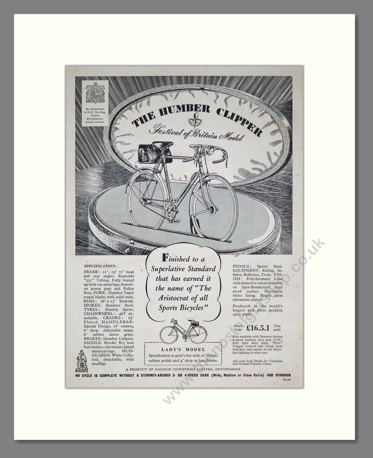 Humber Clipper Cycle. Original Advert 1951 (ref AD68887)