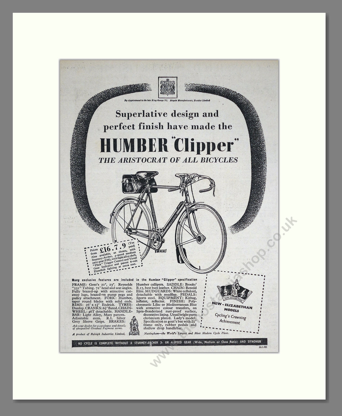 Humber Clipper Cycle. Original Advert 1953 (ref AD68889)