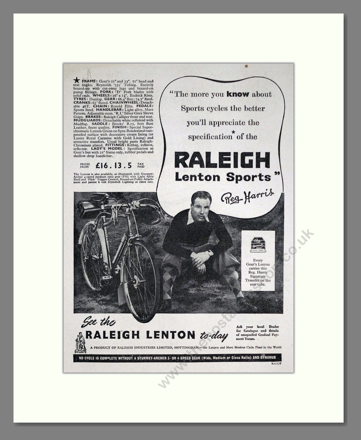 Raleigh Lenton Sports Cycle. Reg Harris. Original Advert 1953 (ref AD68896)