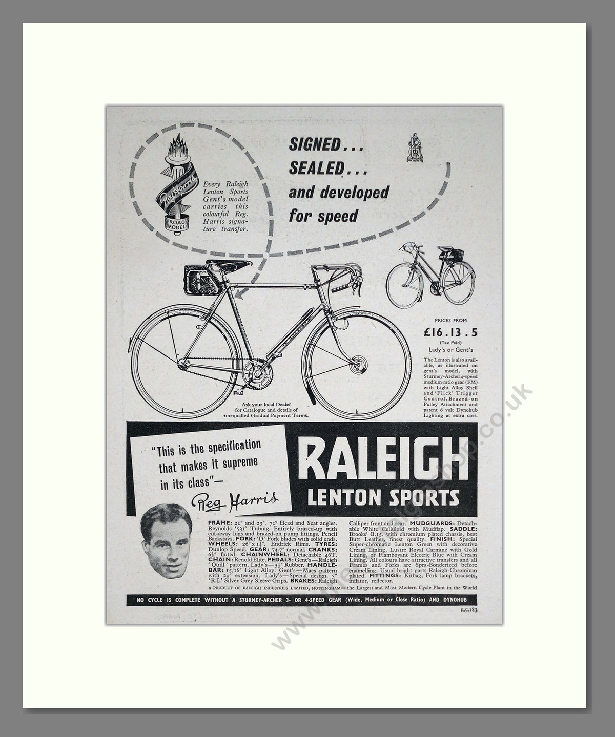 Raleigh Lenton Sports Cycle. Reg Harris. Original Advert 1954 (ref AD68898)