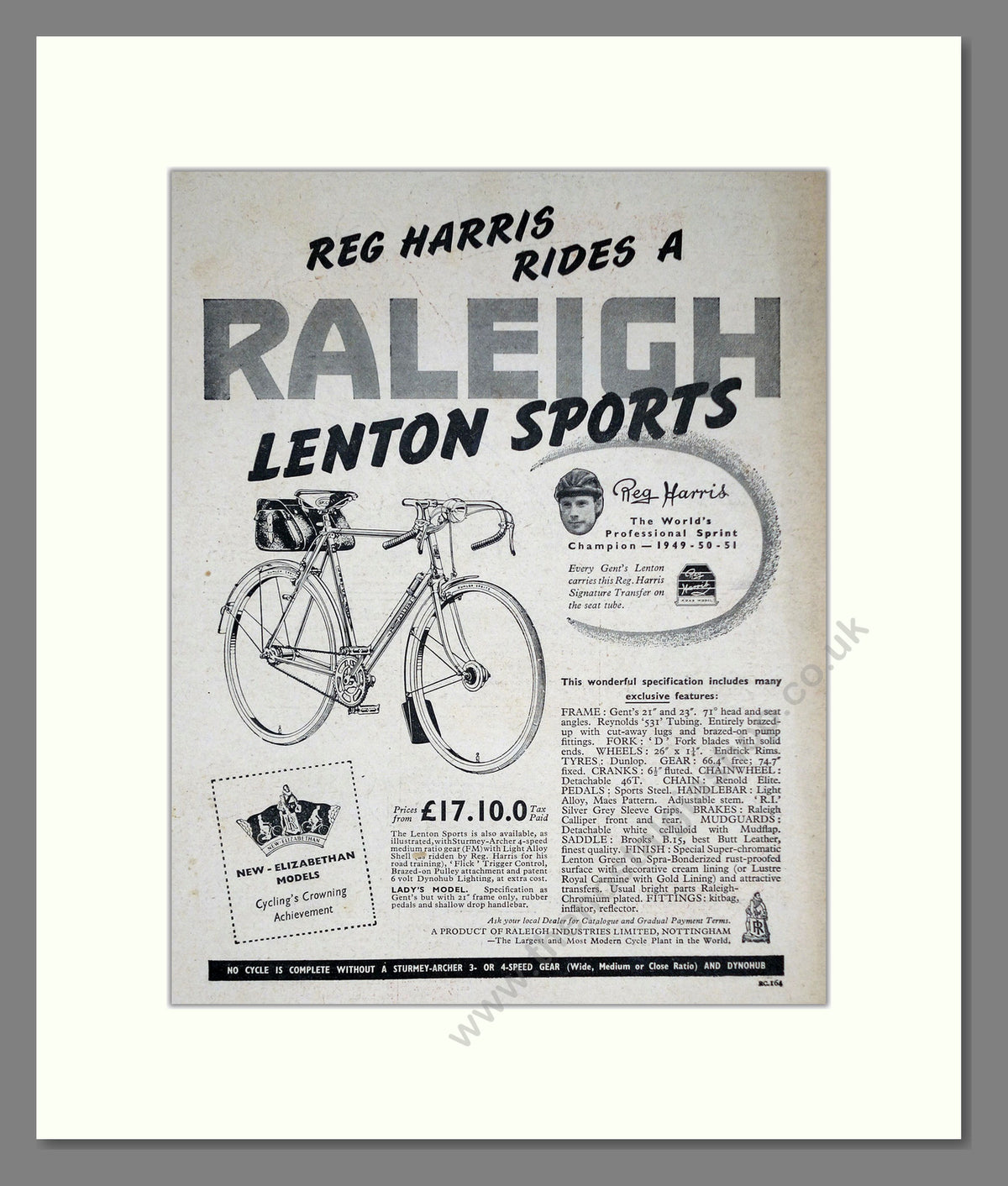 Raleigh Lenton Sports Cycle. Reg Harris. Original Advert 1953 (ref AD68899)