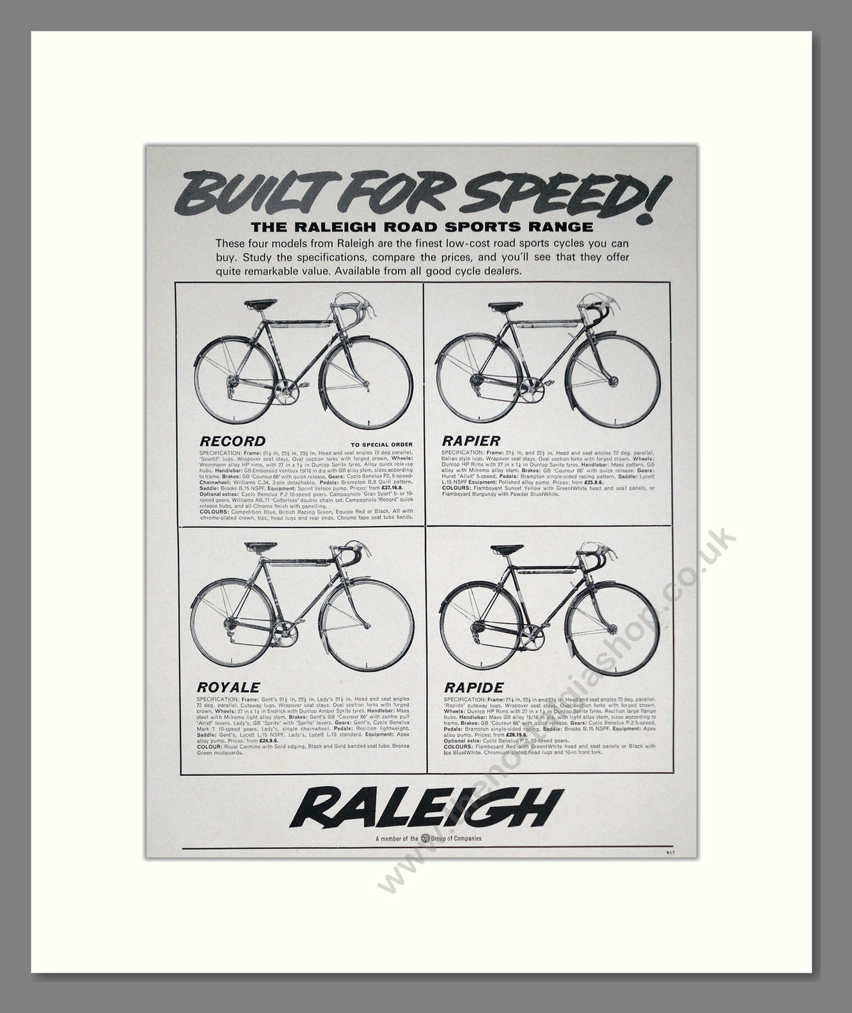 Raleigh Cycles, Road Sports Range. Original Advert 1964 (ref AD68906)