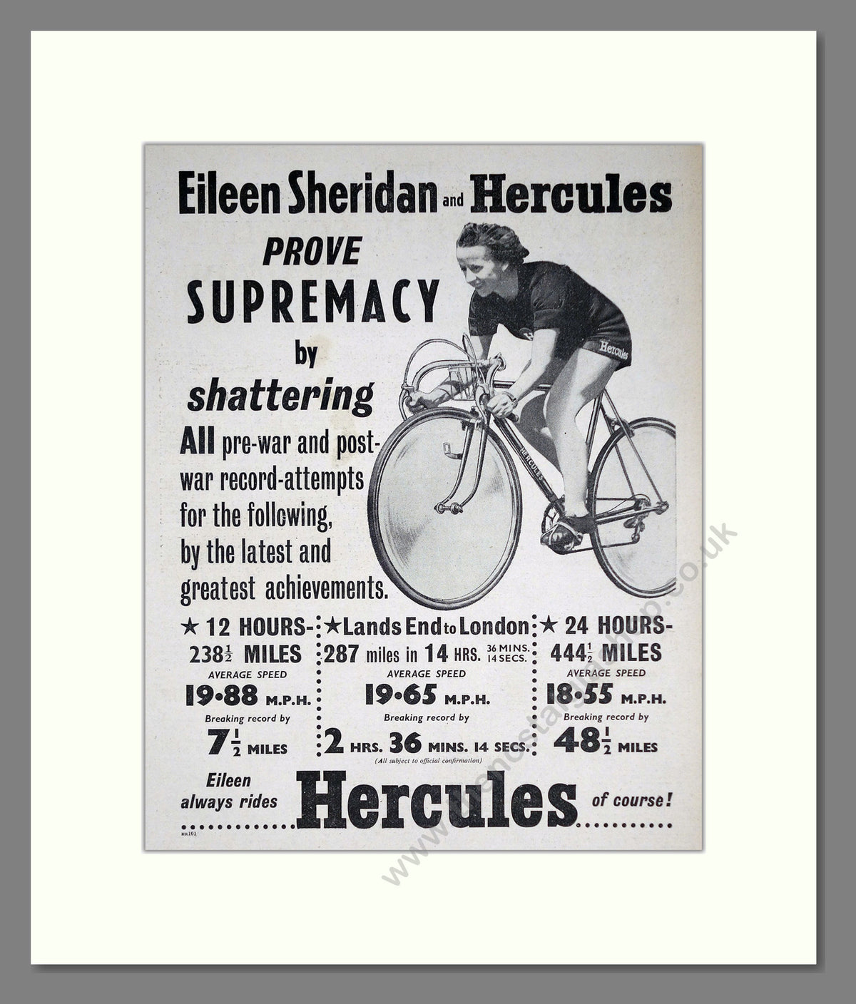Hercules Cycles with Eileen Sheridan, Breaking Records. Original Advert 1953 (ref AD68908)