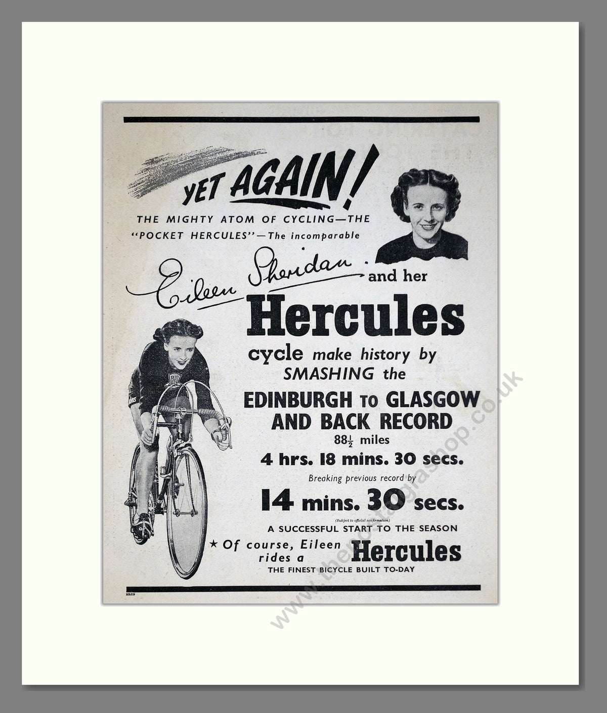 Hercules Cycles with Eileen Sheridan, Breaking Records. Original Advert 1953 (ref AD68914)