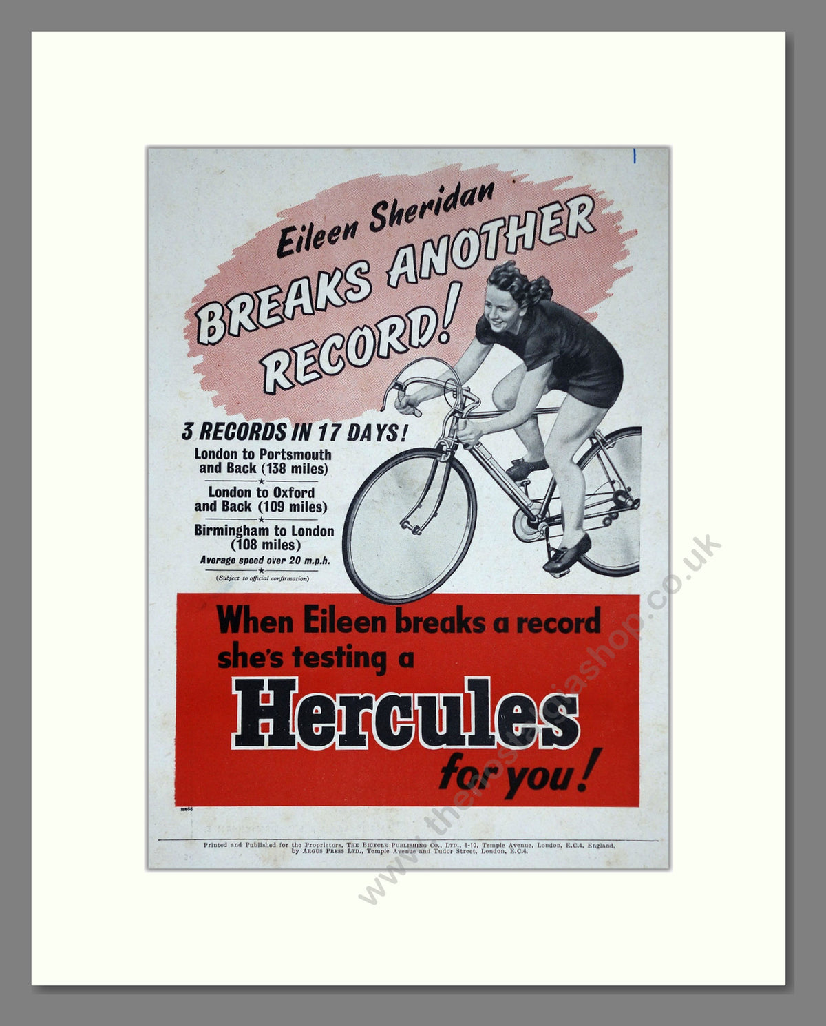 Hercules Cycles with Eileen Sheridan, Breaking Records. Original Advert 1952 (ref AD68915)