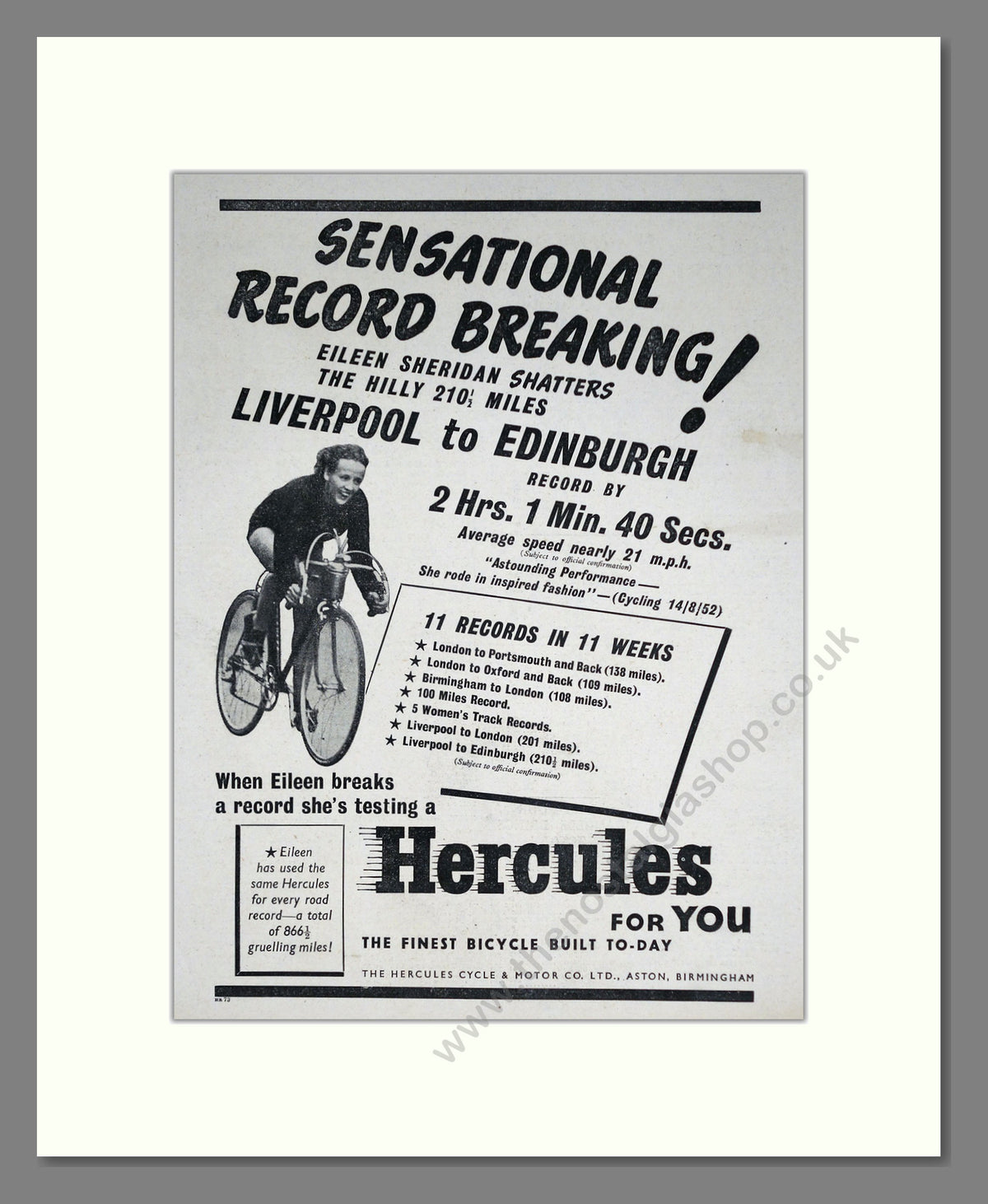 Hercules Cycles with Eileen Sheridan, Breaking Records. Original Advert 1952 (ref AD68916)