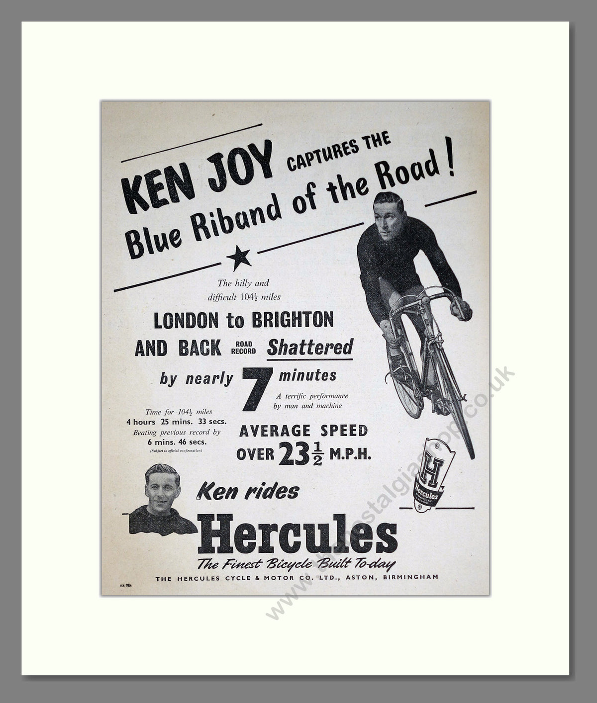 Hercules Cycles with Ken Joy, Breaking Records. Original Advert 1953 (ref AD68919)