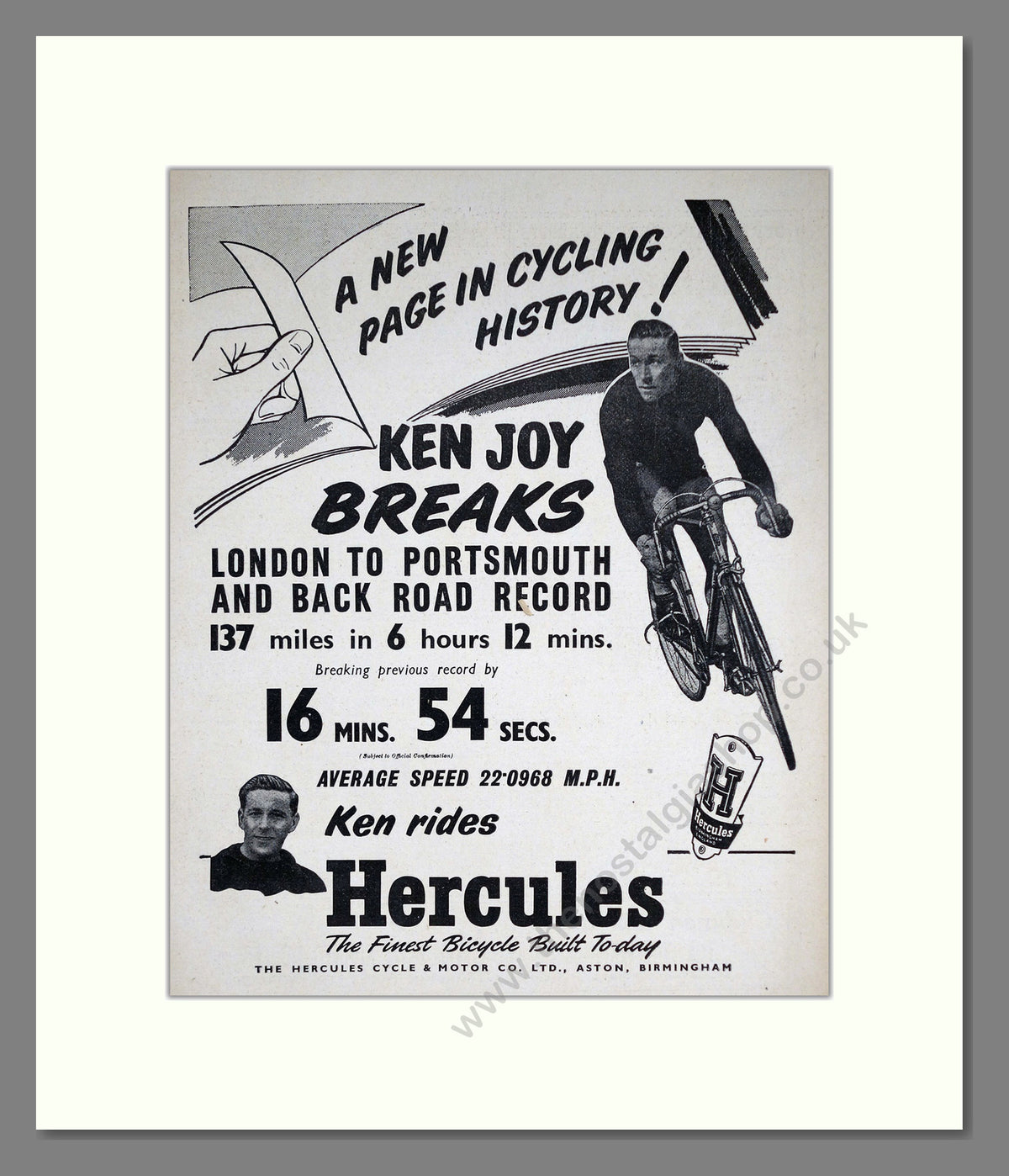 Hercules Cycles with Ken Joy, Breaking Records. Original Advert 1953 (ref AD68920)