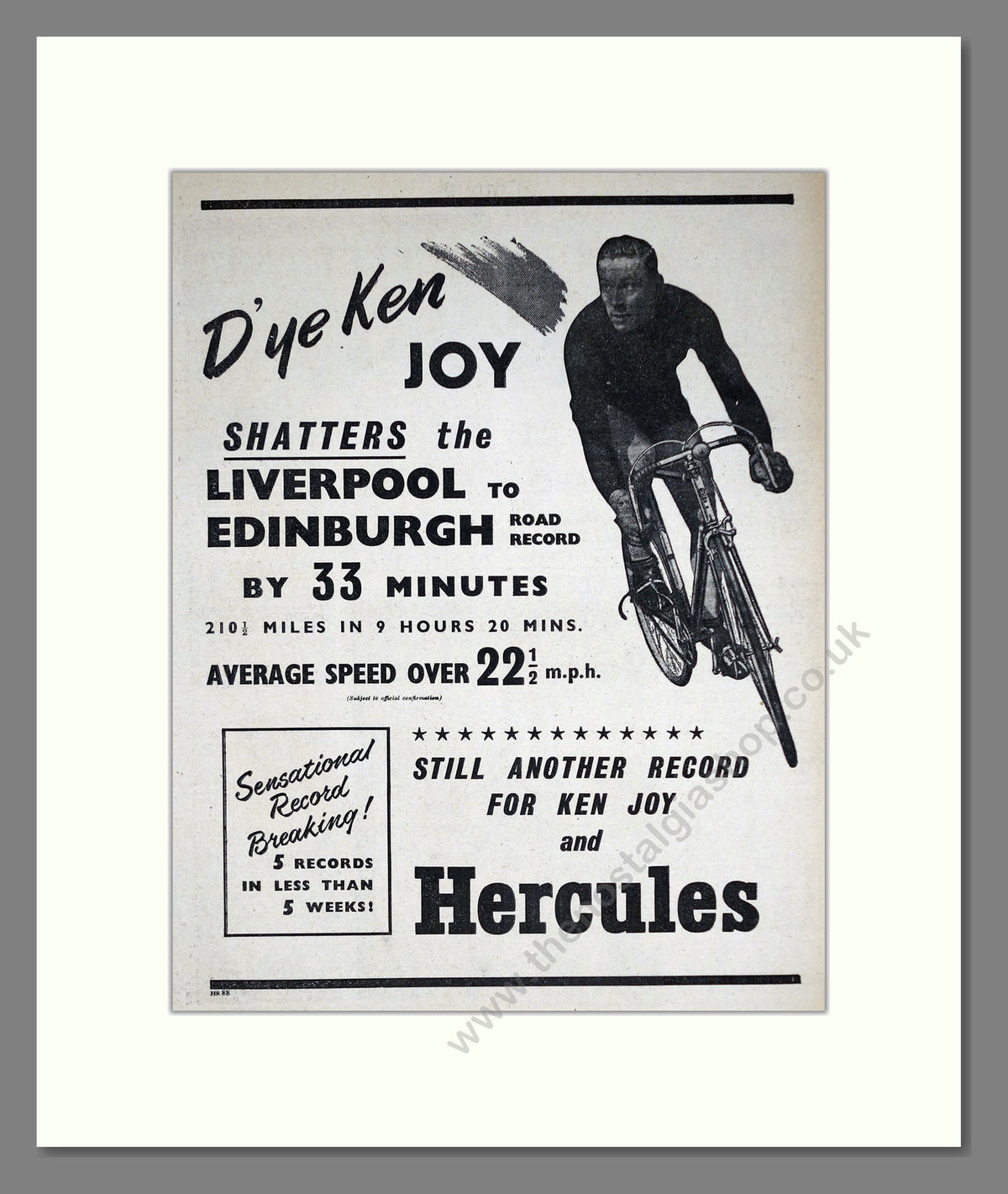 Hercules Cycles with Ken Joy, Breaking Records. Original Advert 1953 (ref AD68922)