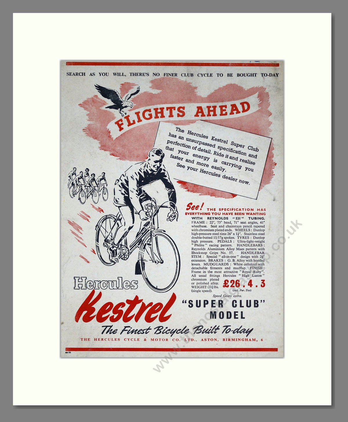 Hercules Kestrel Super Club Cycle. Original Advert 1951 (ref AD68926)