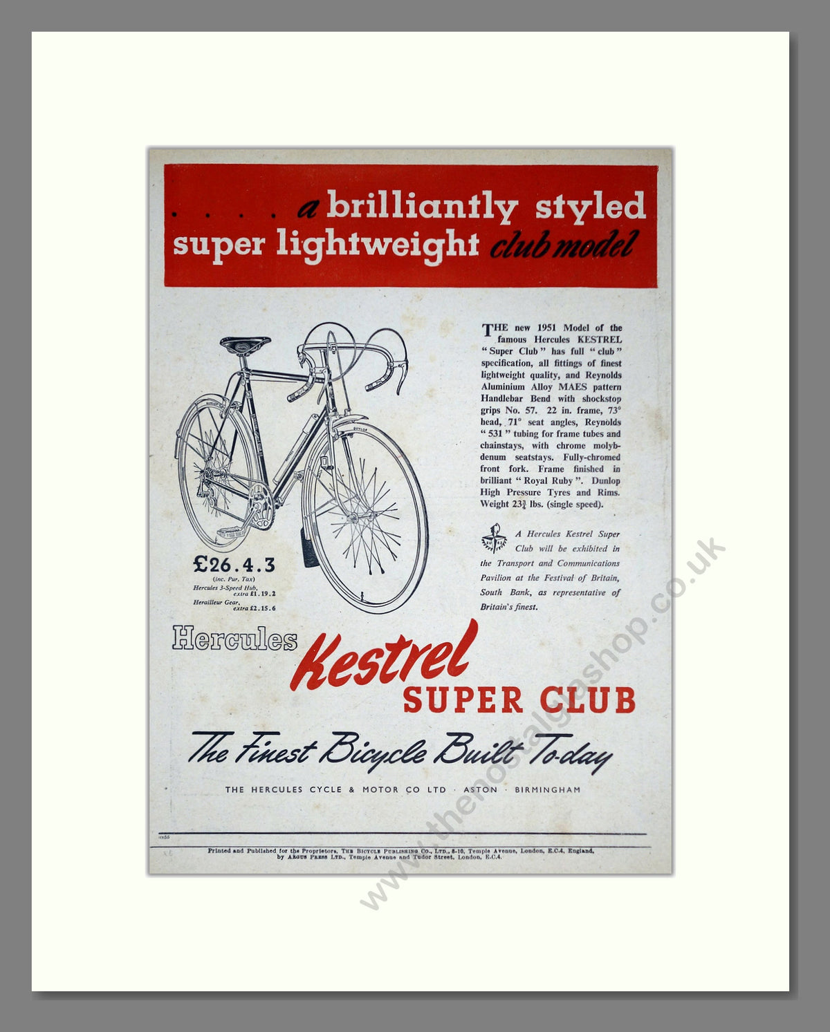 Hercules Kestrel Super Club Cycle. Original Advert 1951 (ref AD68927)