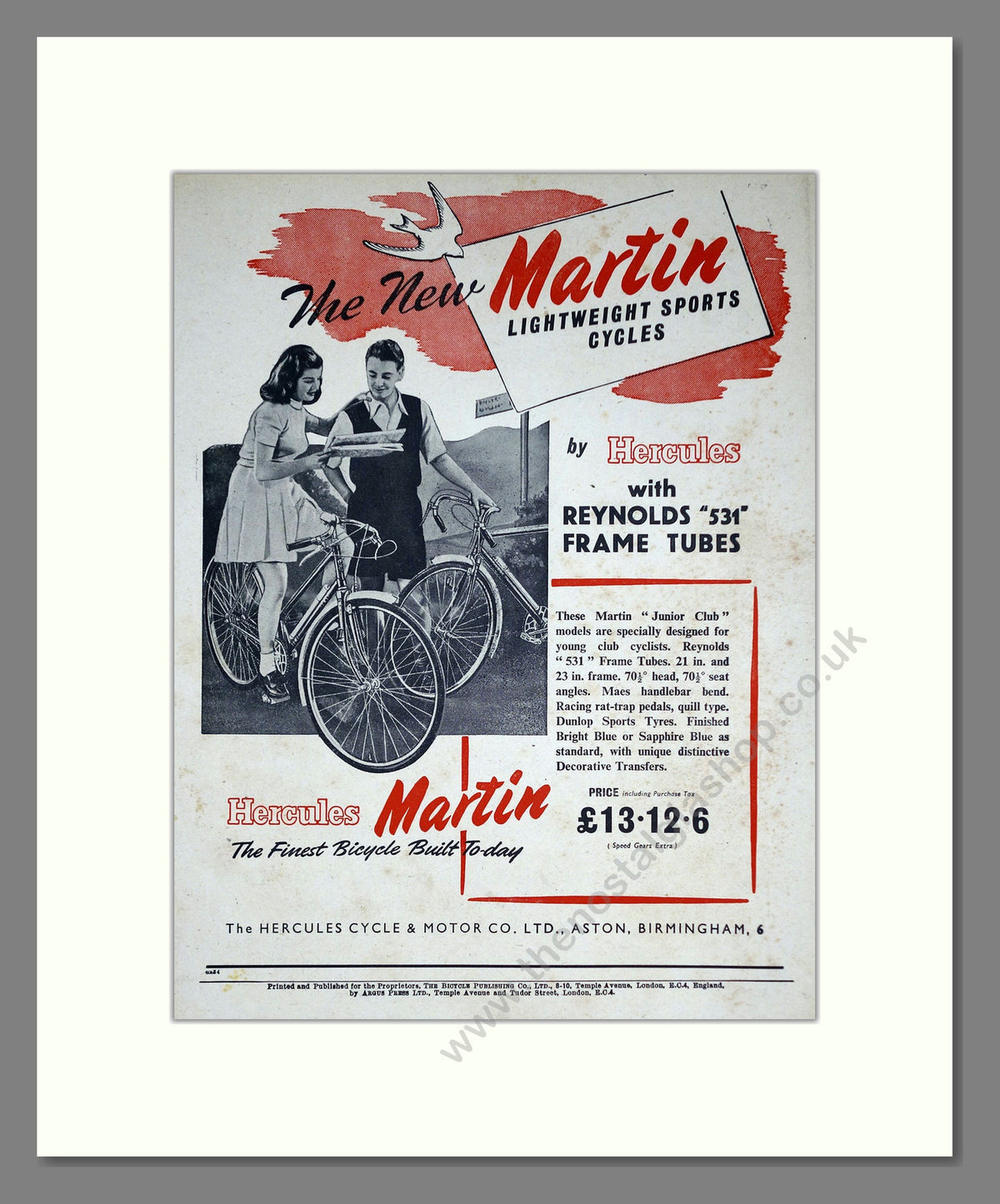 Hercules Martin Cycle. Original Advert 1951 (ref AD68930)
