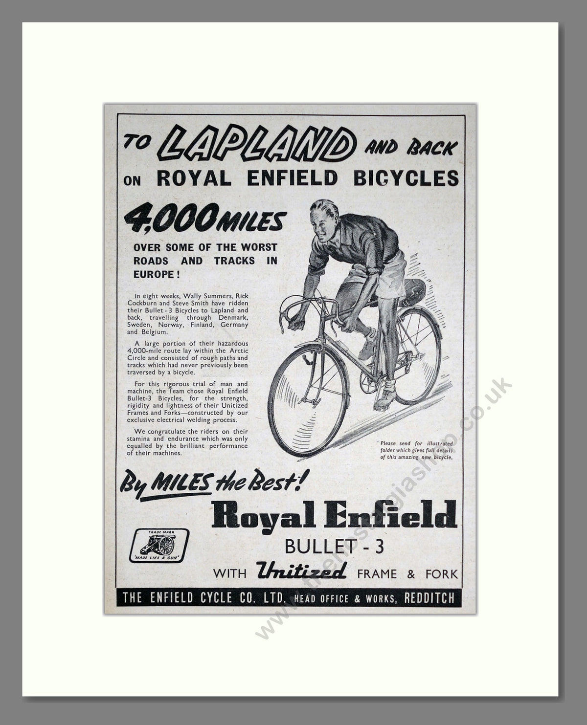 Royal Enfield Bullet-3 Cycle. Original Advert 1951 (ref AD68936)