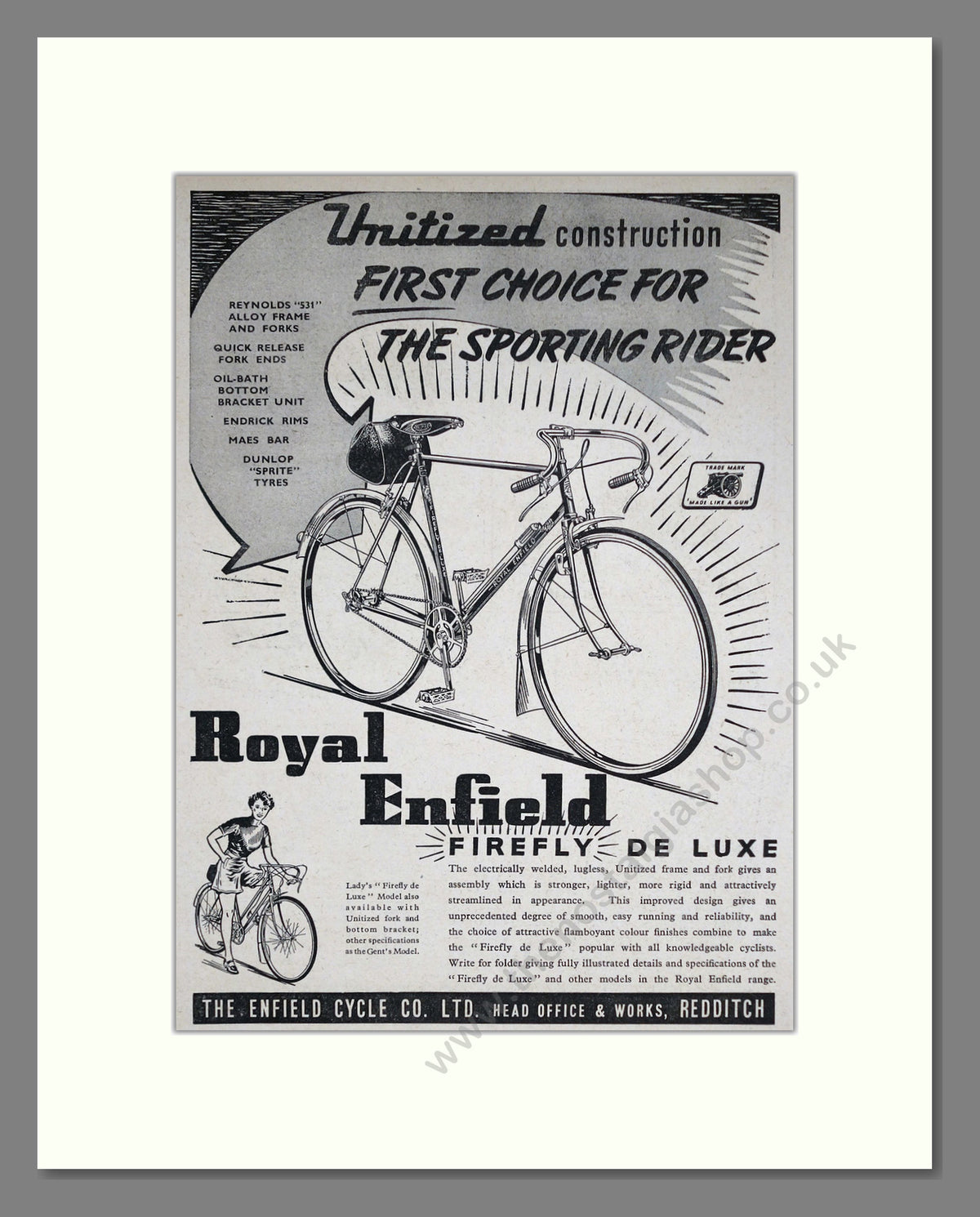 Royal Enfield Firefly De Luxe Cycle. Original Advert 1952 (ref AD68938)
