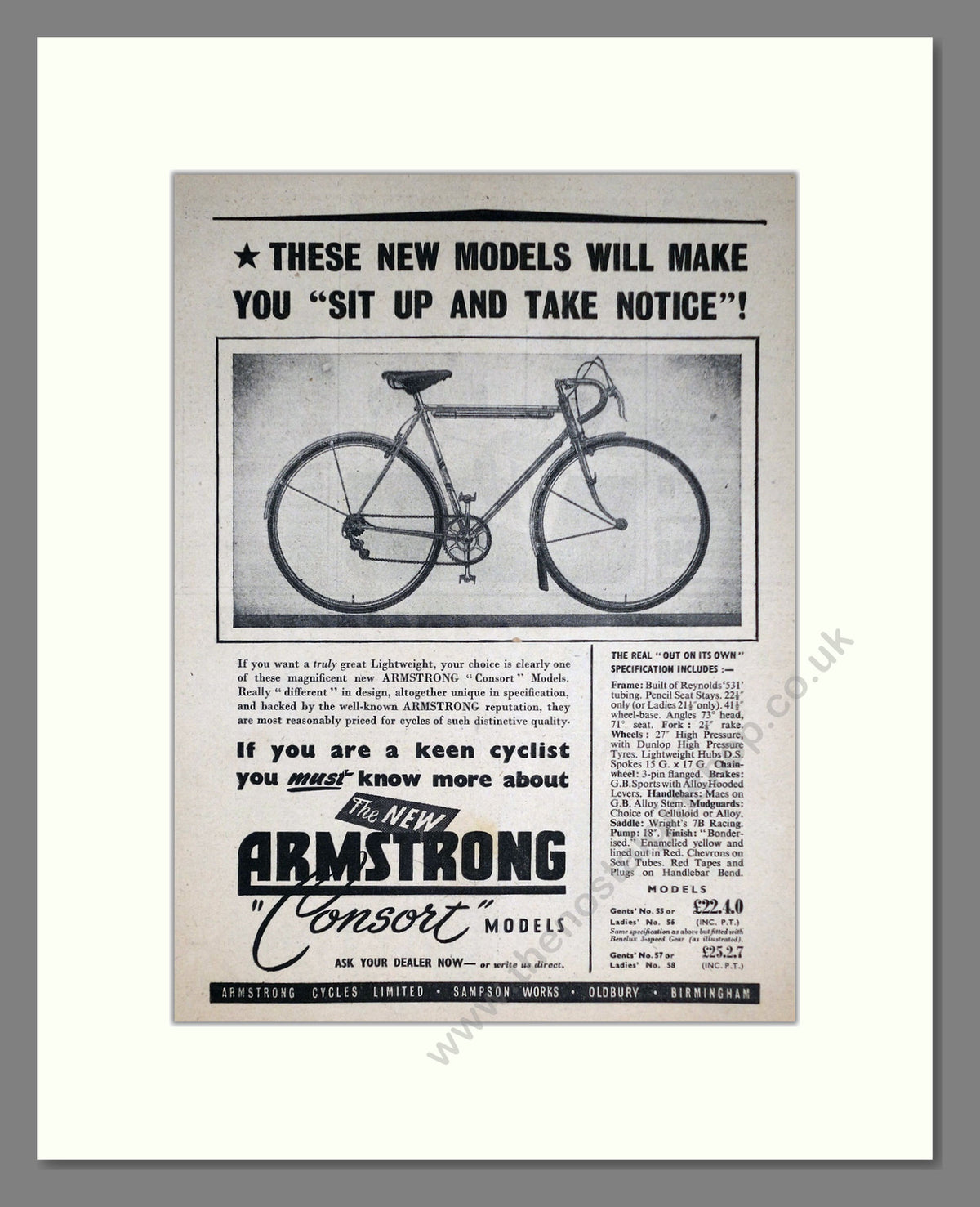 Armstrong Consort Cycles. Original Advert 1952 (ref AD69029)