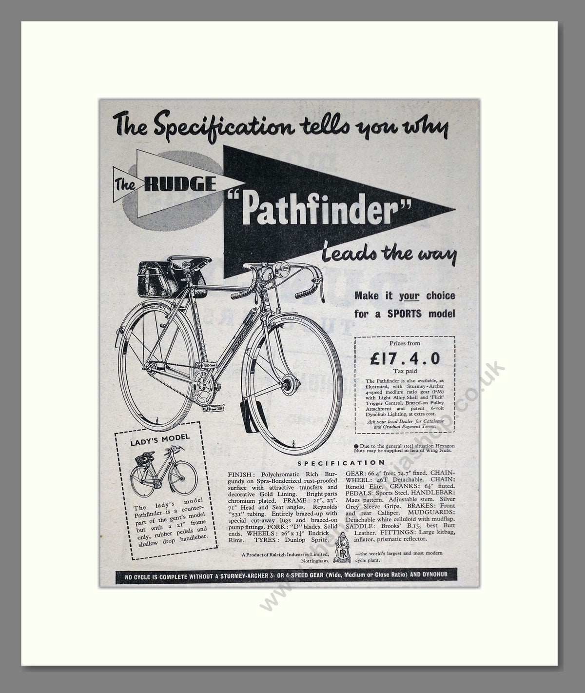 Rudge Pathfinder Cycles. Original Advert 1952 (ref AD69042)