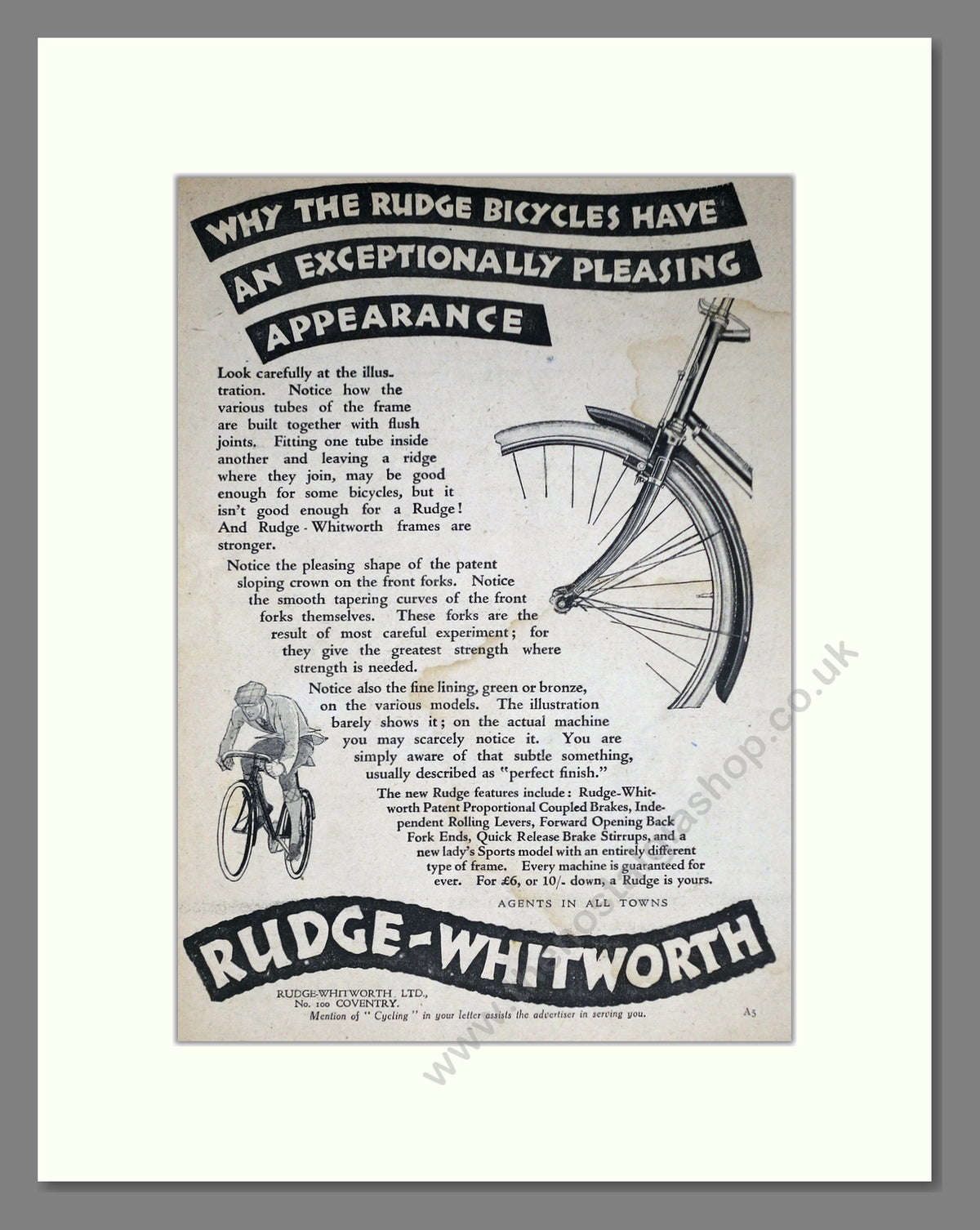 Rudge Cycles. Original Advert 1927 (ref AD69047)