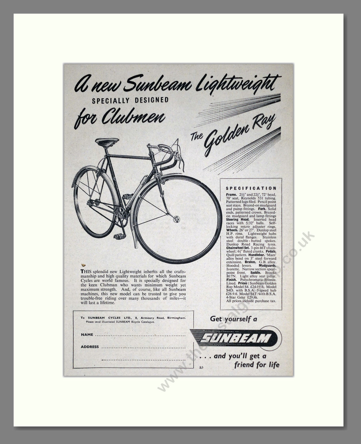 Sunbeam Golden Ray Cycles. Original Advert 1951 (ref AD69066)