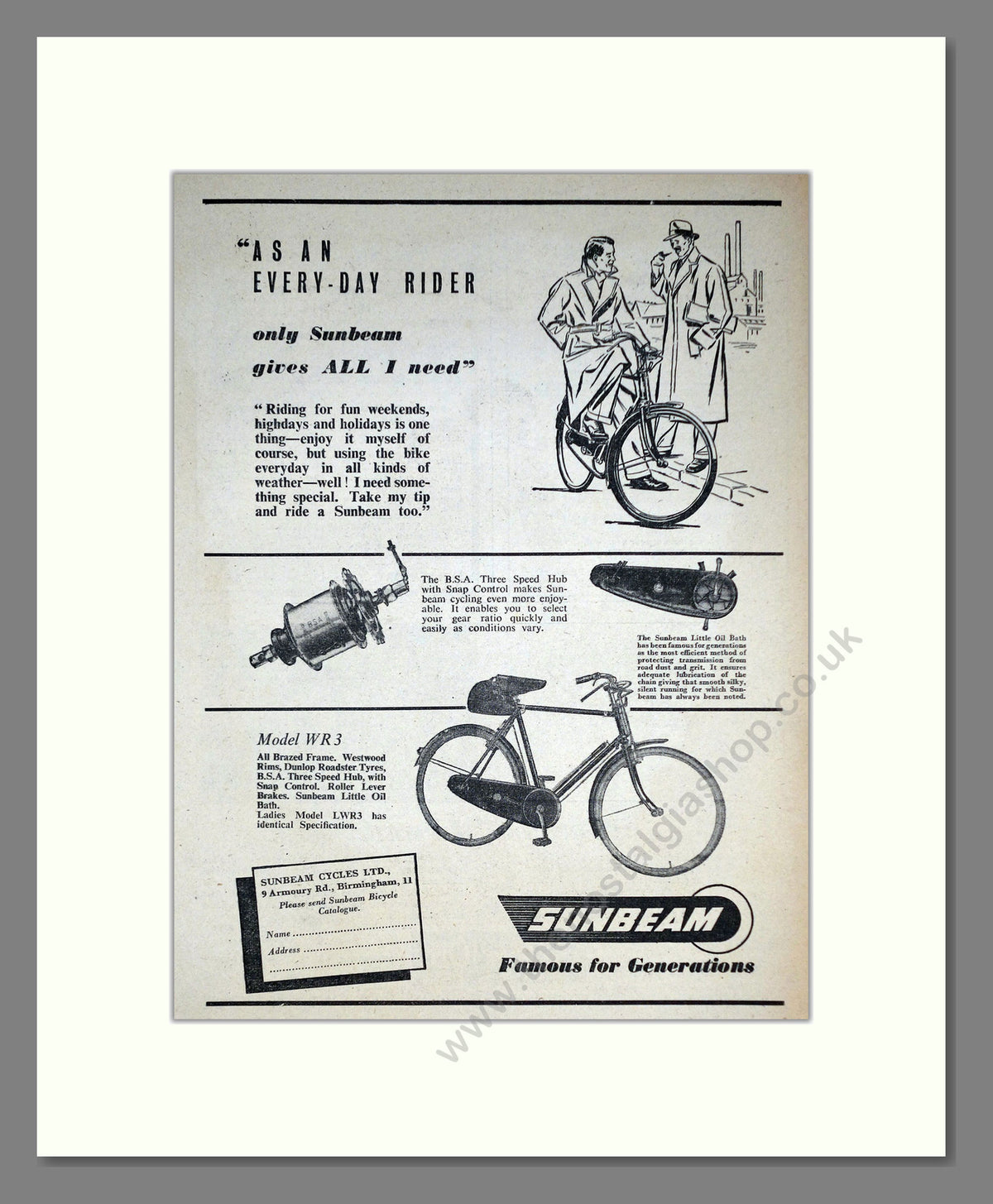 Sunbeam Cycles. Original Advert 1952 (ref AD69070)
