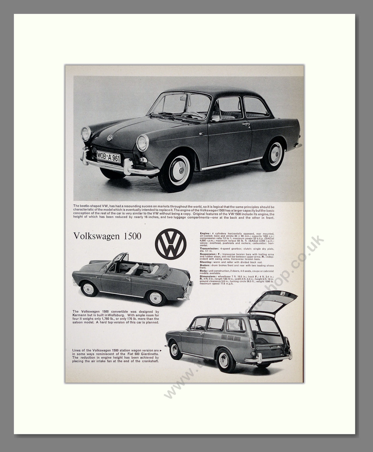 Volkswagen 1500. Original Advert 1961 (ref AD304262)