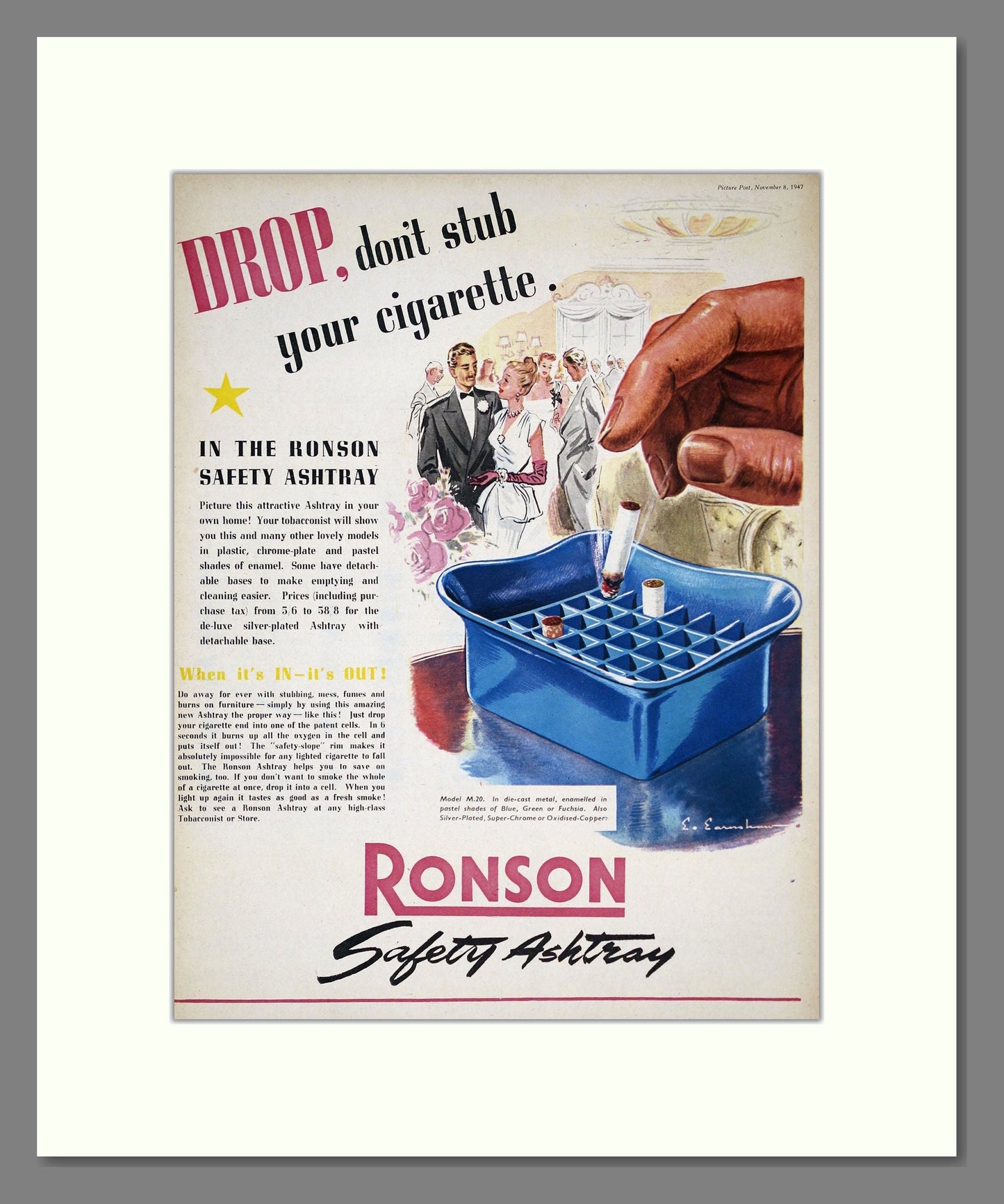 Ronson - Safety Ashtray. Vintage Advert 1947 (ref AD303714)