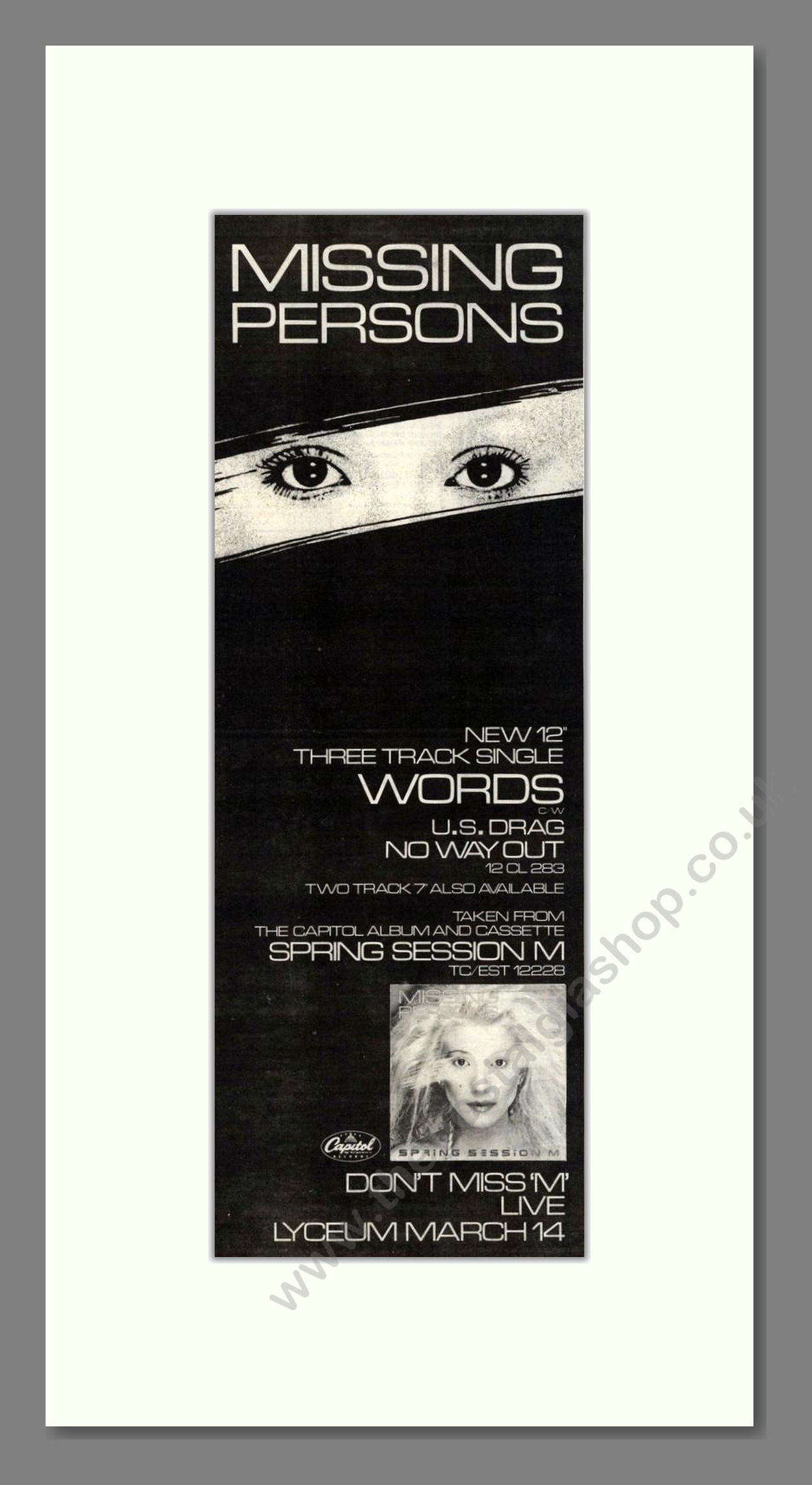 Missing Persons - Words. Vintage Advert 1983 (ref AD201624)