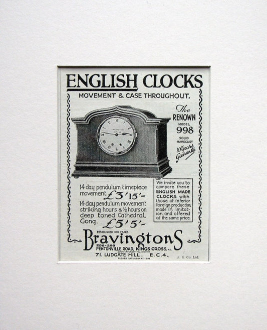 English Clocks - Bravingtons. Original advert 1924 (ref AD1558)