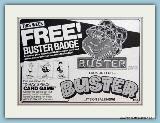 Buster Free Buster Badge Original Advert 1983 (ref AD6379)