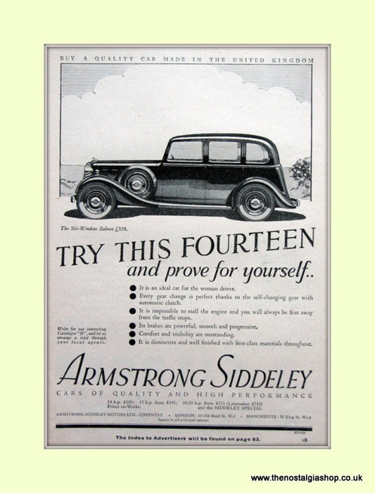 Armstrong Siddeley Six Window Saloon Original Advert 1937 (ref AD6662)