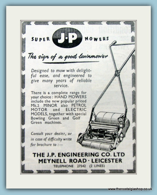 J.P Lawn Mowers. Original Advert 1951 (ref AD4628)