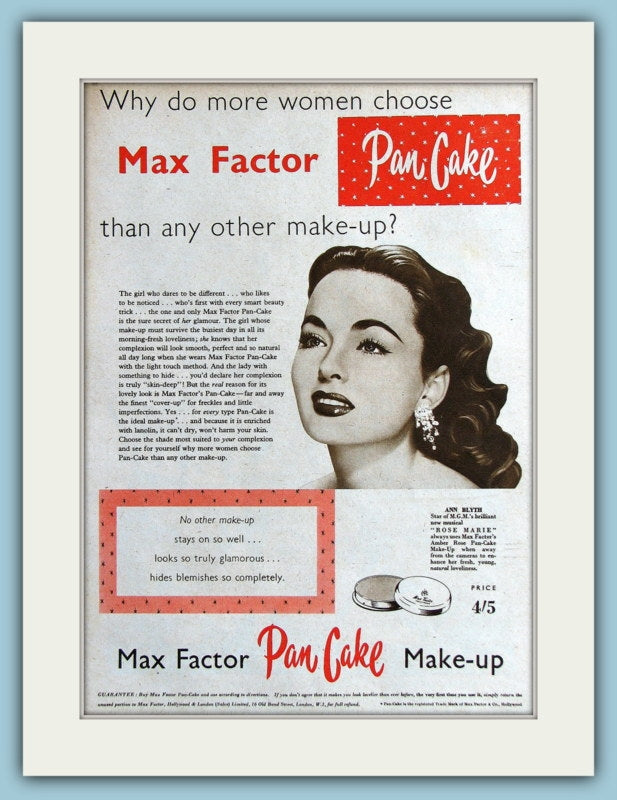 Max Factor Pan Cake Make-Up Original Advert 1954 Featuring Ann Blyth (ref AD3710)