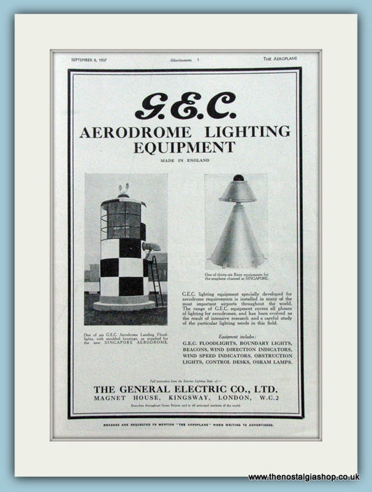 G.E.C. Aerodrome Lighting Equipment. Original Advert 1937 (ref AD4207)