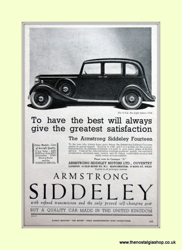 Armstrong Siddeley 14.h.p Six Light Saloon Original Advert 1936 (ref AD6667)