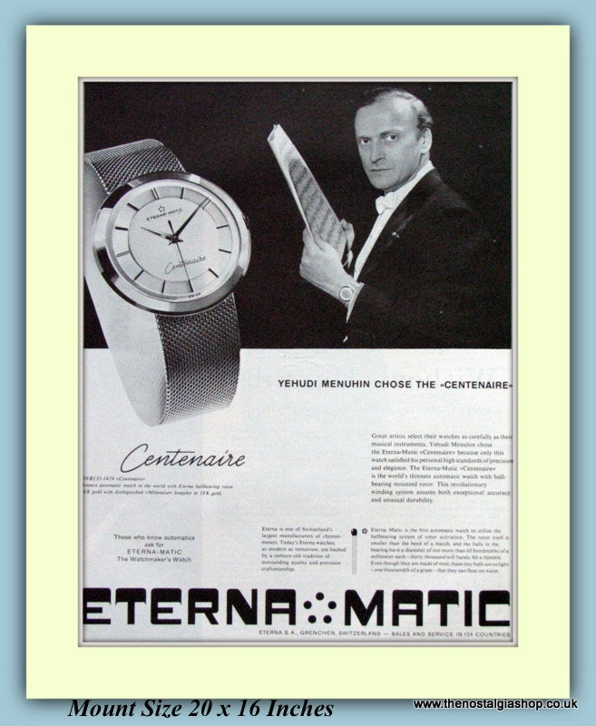 Eterna Matic Centenaire Original Advert With Yehudi Menuhin 1959 (ref AD9389)