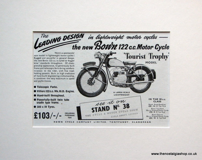 Bown 122cc Tourist Trophy Motor Cycle. 1952 Original advert (ref AD1611)