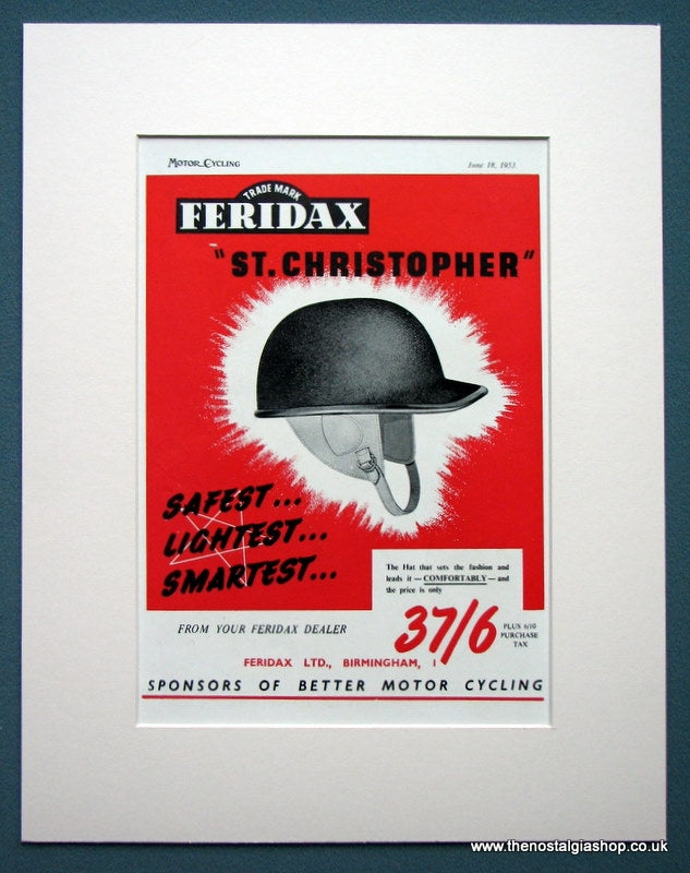 Feridax St Christopher Motorcycle Helmet. Original advert 1953 (ref AD1316)