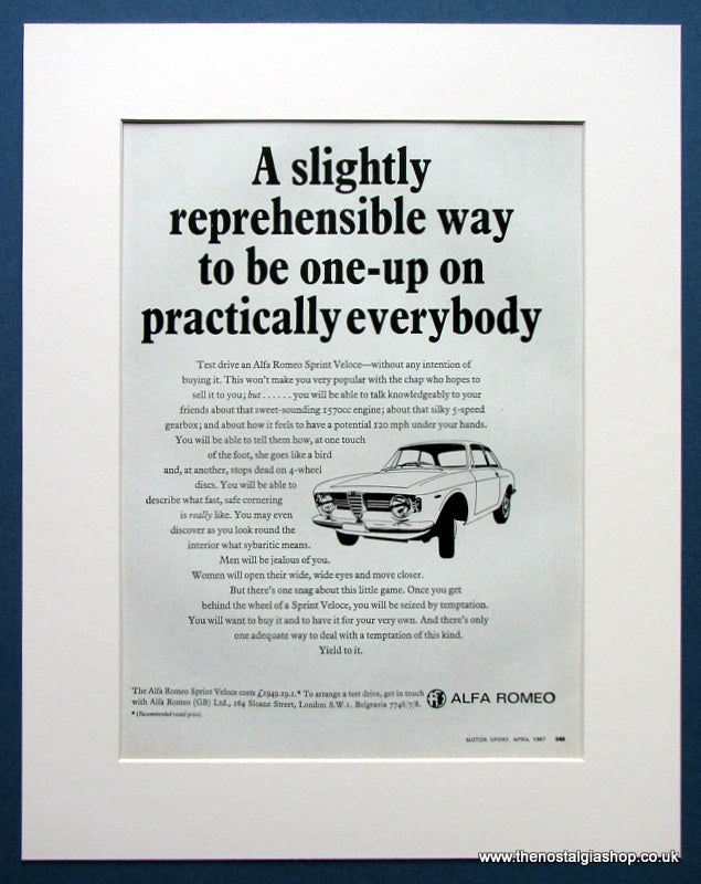 Alfa Romeo Sprint Veloce. Original advert 1967 (ref AD1420)