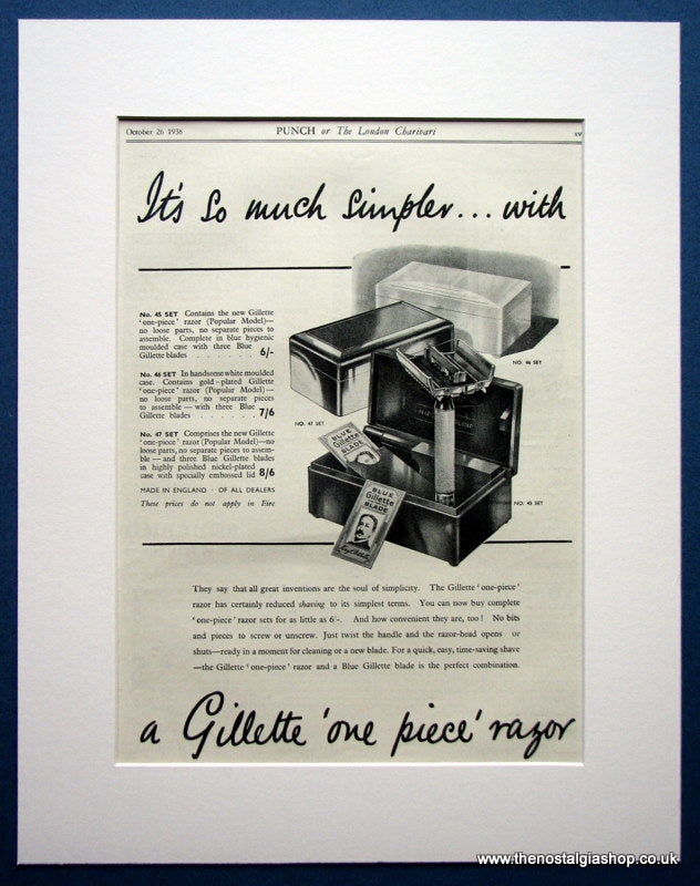 Gillette one Piece Razor. Original advert 1938 (ref AD1013)