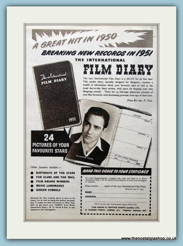 Film Diary Featuring Richard Todd Original Advert 1950 (ref AD4504)