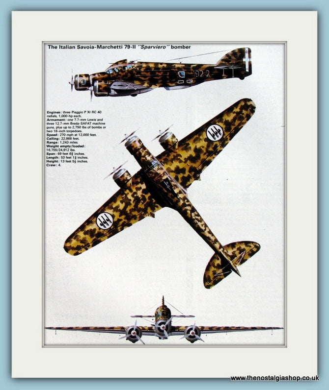 Italian Savoia-Marchetti 79-II "Sparviero" Bomber Aircraft. Print (ref PR585)