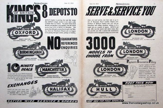 Kings of Britain Motorcycle Dealers. Original advert 1953 (ref AD1323)
