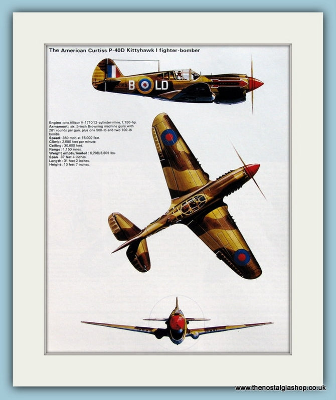 American Curtiss P-40D Kittyhawk I Fighter Bomber. Print (ref PR541)